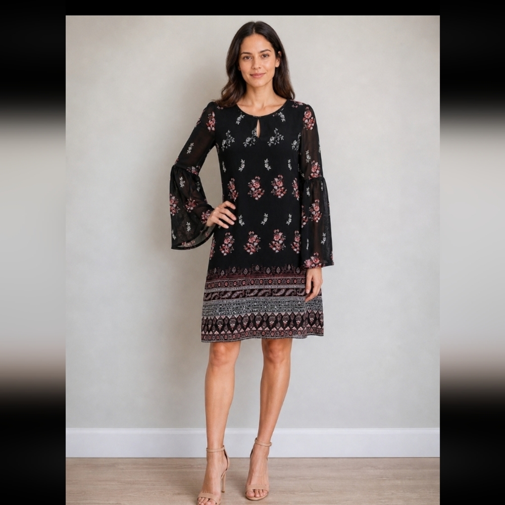 XHILARATION M Semi Sheer Key Hole Layered Bell Sleeve Dress